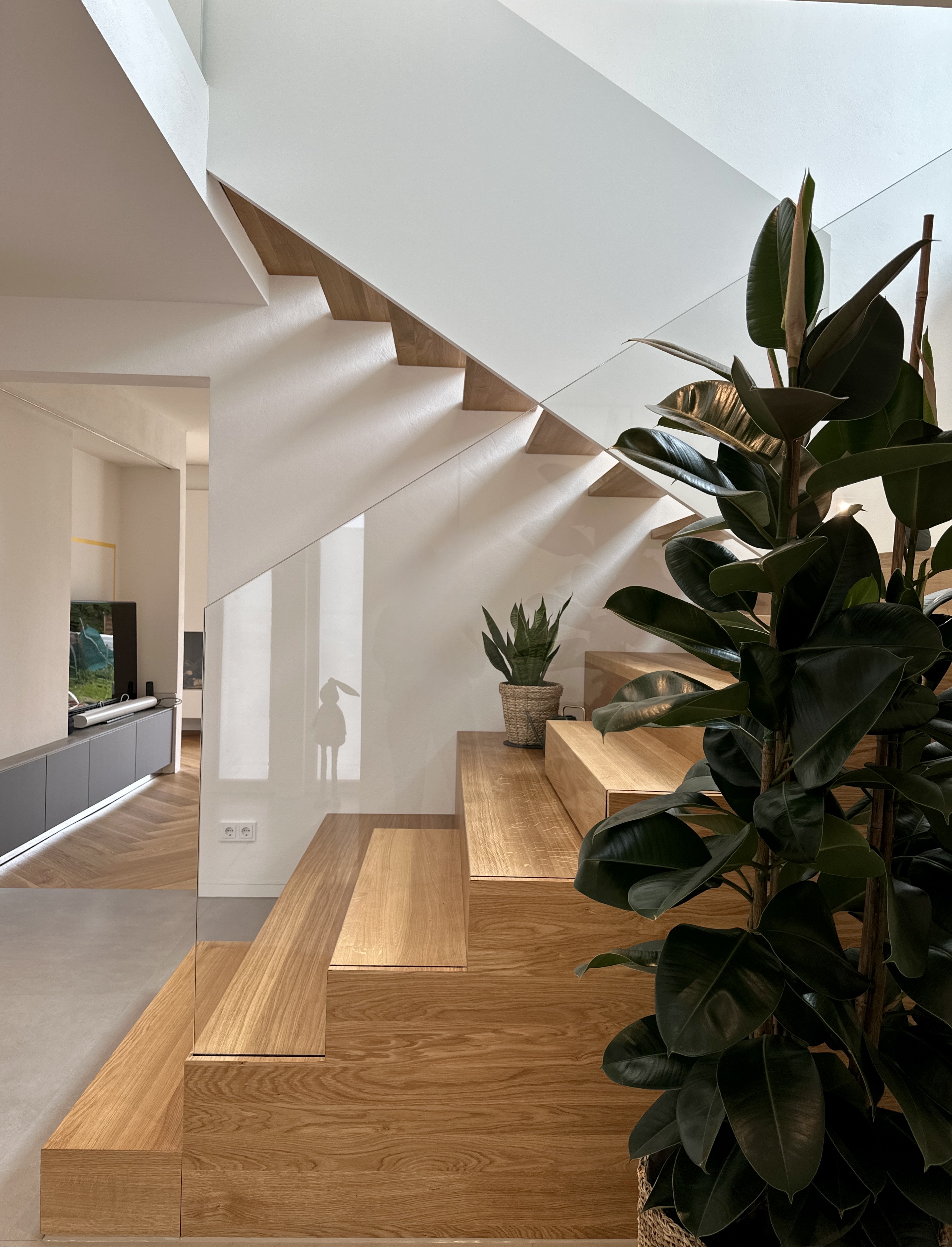 Wohnraum in Esslingen am Necker mit maßgefertigter Podesttreppe aus Eichenholz und Glasgeländer